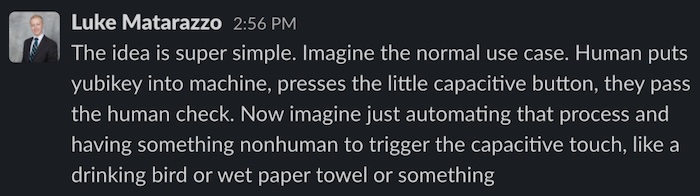 A Slack screenshot explaining the problem of trying to set up a Yubikey to bypass Cloudflare's human check.