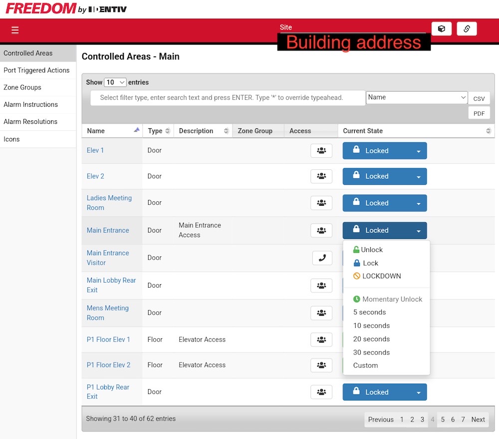 A screenshot showing an exposed Hirsch building access control panel, with access to its control systems, such as locks and elevators. 
