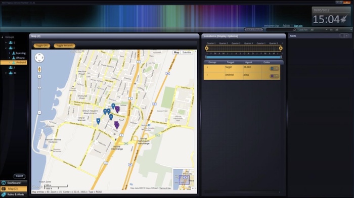 A screenshot of Pegasus' interface, displaying a user's real-time and historical location.