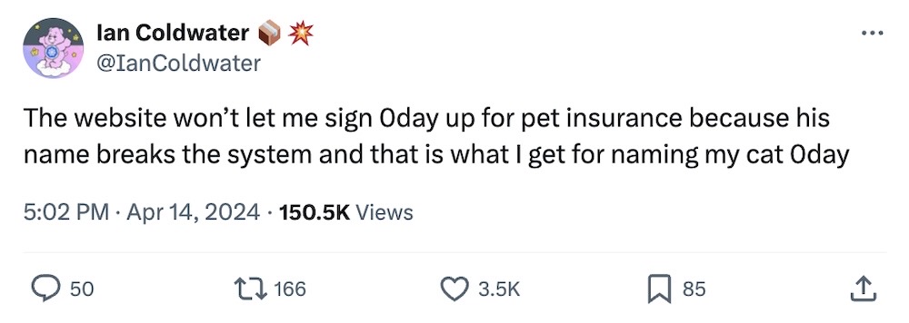 Ian Coldwater tweet: "The website won’t let me sign 0day up for pet insurance because his name breaks the system and that is what I get for naming my cat 0day."