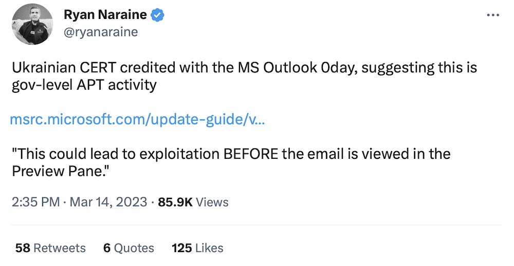 Ryan Naraine tweet, quoting Microsoft: "This could lead to exploitation BEFORE the email is viewed in the Preview Pane."
