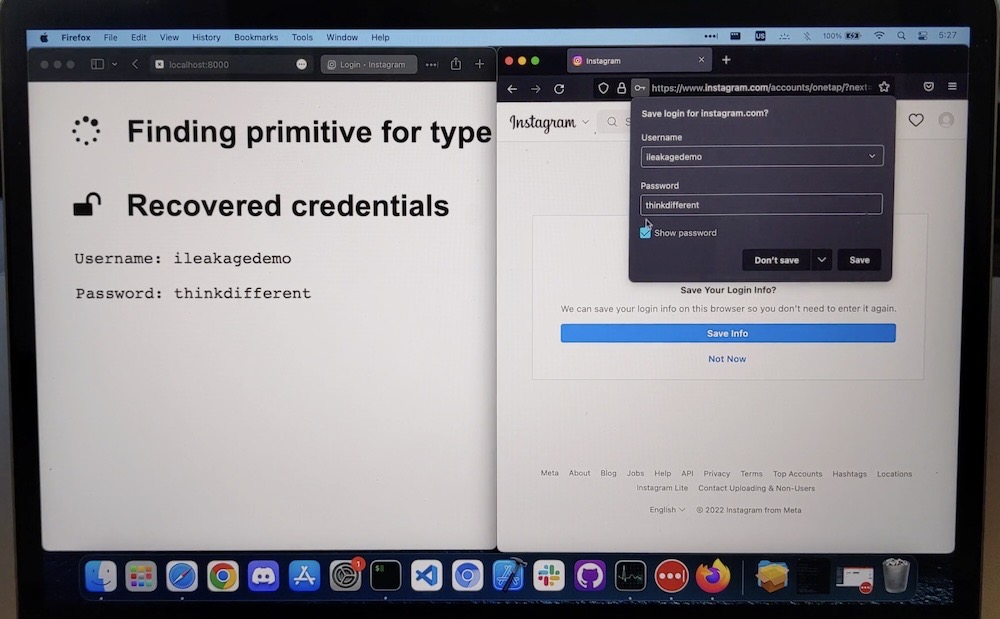 A screenshot of two browser windows, the left is a local site that is sniffing the credentials of the browsing window on the right showing an Instagram login.