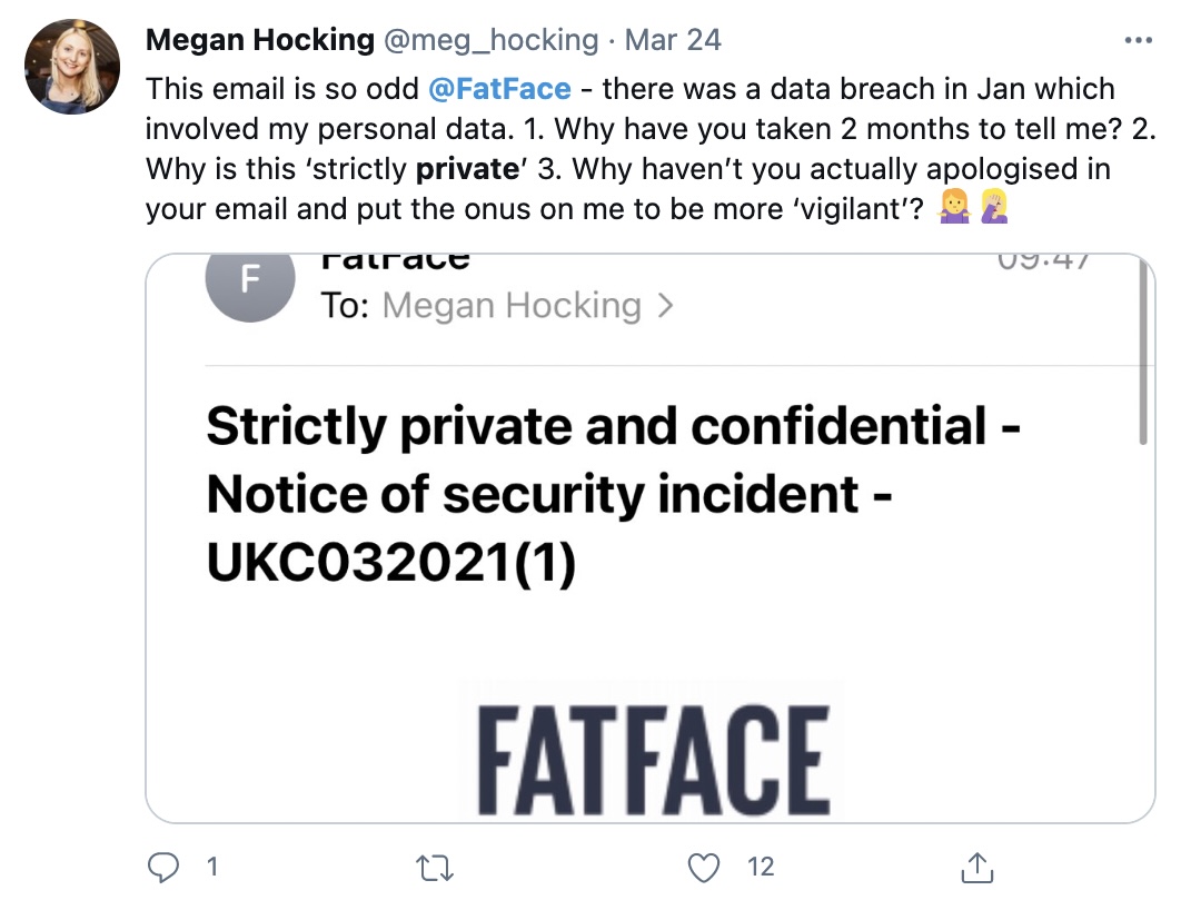 A screenshot of FatFace's email to customers warning of a data breach, which says to keep the email "strictly private and confidential"