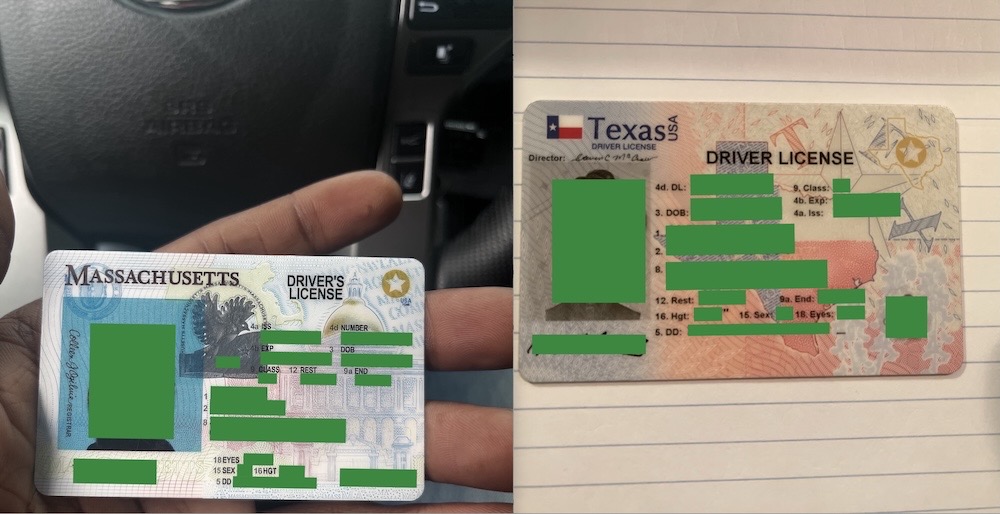 Two driver's licenses, one from Texas and the other from Massachusetts (redacted) which were exposed by the TeaOnHer app.