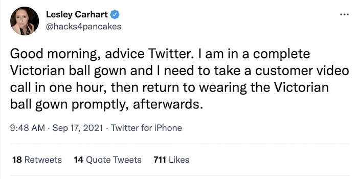 Lesley Carhart tweet: "Good morning, advice Twitter. I am in a complete Victorian ball gown and I need to take a customer video call in one hour, then return to wearing the Victorian ball gown promptly, afterwards."