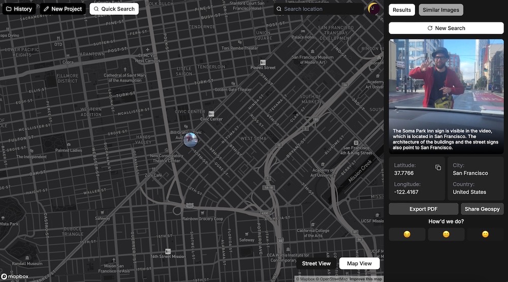 A screnshot of the GeoSpy tool, showing someone's photo and a larger map showing where that photo was geolocated — based on surrounding information in the photo itself, such as landmarks. 