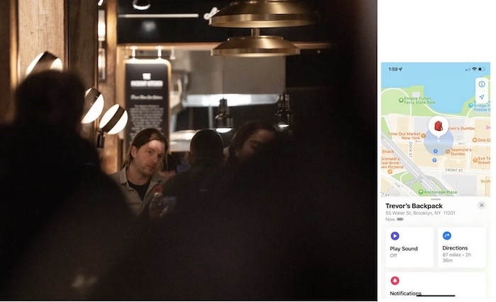A photo of Kashmir Hill's husband in a bar, which she used an AirTag to track him (with his permission), alongside a screenshot of his location on her phone.