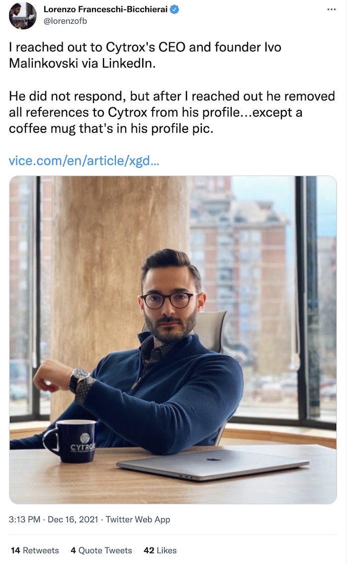 Lorenzo Franceschi-Bicchierai tweet: "I reached out to Cytrox's CEO and founder Ivo Malinkovski via LinkedIn.   He did not respond, but after I reached out he removed all references to Cytrox from his profile...except a coffee mug that's in his profile pic."