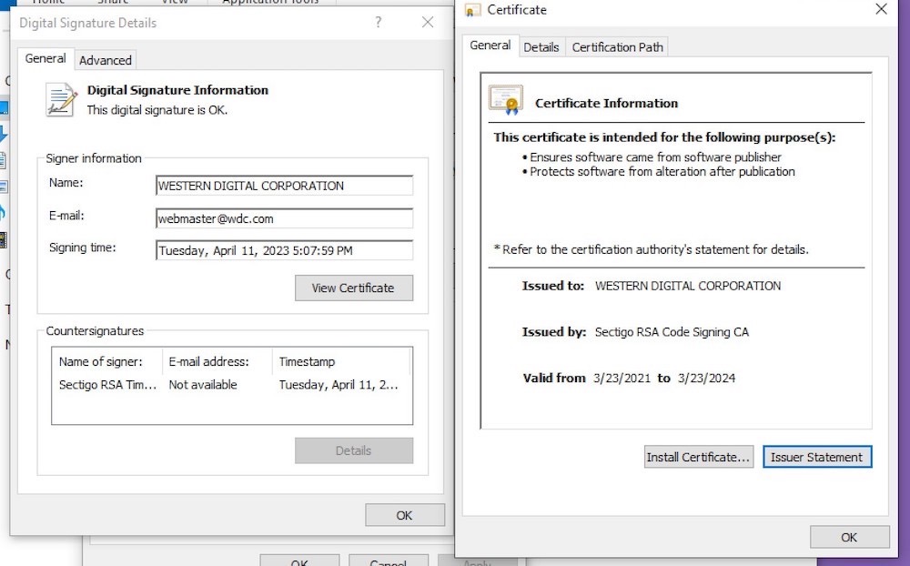 A screenshot of a Windows properties view showing a file, which was digitally signed by a code-signing certificate owned by Western Digital, used by the hackers to verify that they had access to its network.   The certificate image says: "This certificate is intended for the following purposes; Ensures software came from software publisher; Protects software from alteration after publication.