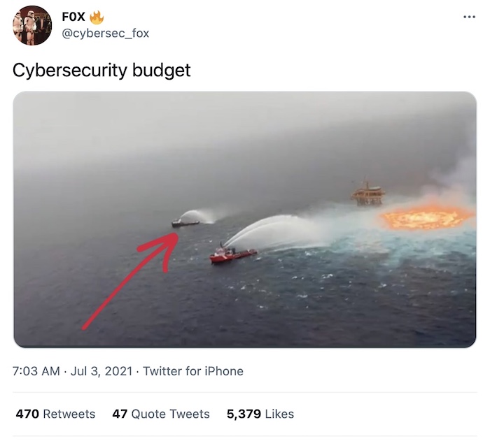 A meme of boats trying to put out a fire, and one boat doing nothing, and the caption is "cybersecurity budget."