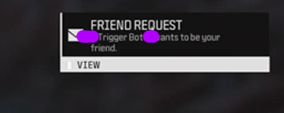 A screenshot of an in-game notification of a 'friend request' in Call of Duty containing a keyword, "Trigger Bot," the name of a popular cheat. It's this keyword that gets the recipient banned.  