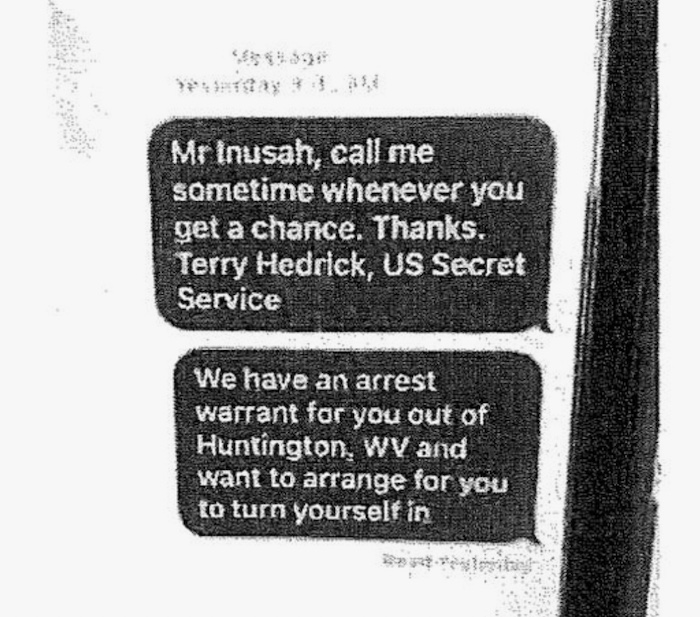 A text message from a Secret Service agent to a suspect asking him to turn himself in.