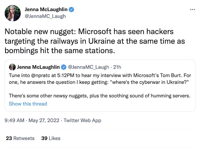Jenna McLaughlin tweet: "Notable new nugget: Microsoft has seen hackers targeting the railways in Ukraine at the same time as bombings hit the same stations."
