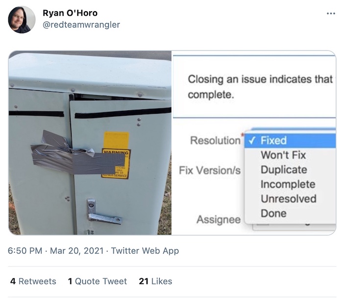 a metal cabinet's doors sticky-taped together badly, and next to it a JIRA ticket marked as "fixed." 