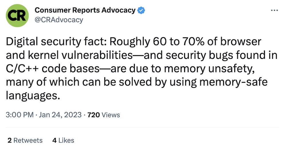 Consumer Reports Advocacy tweet: "Digital security fact: Roughly 60 to 70% of browser and kernel vulnerabilities--and security bugs found in C/C++ code bases are due to memory unsafety, many of which can be solved by using memory-safe languages."