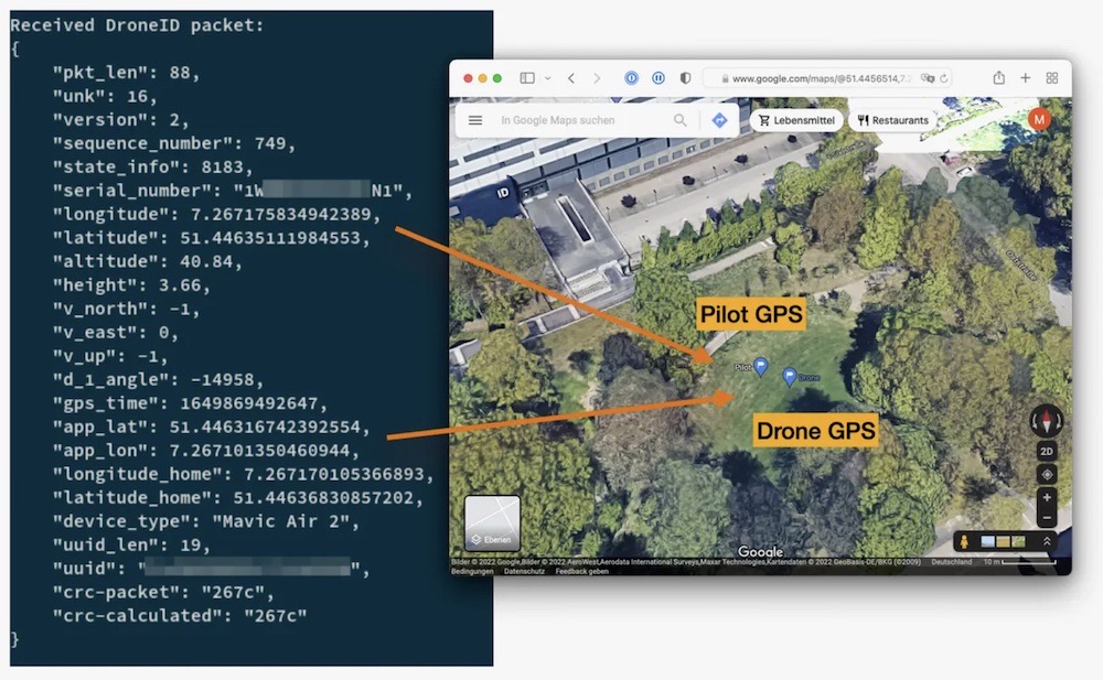 A screenshot showing a proof-of-concept tool that allows anyone to obtain a nearby DJI drone's unencrypted geolocation.