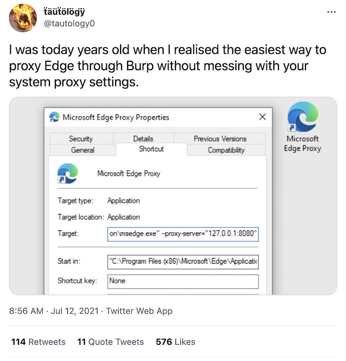 A tweet explaining how to set up a proxy server shortcut for MITM'ing Chrome or Edge through Burp.