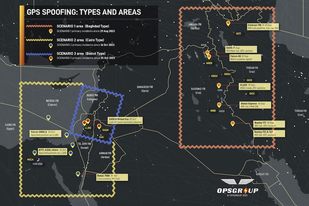 An image showing GPS spoofing attacks in several areas over the Middle East, including in Egyptian-Cyprus-Lebanon airspace, and further east over Iraq, Iran, and southern Turkey.
