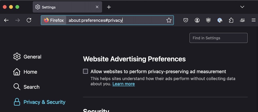 A screenshot of about:preferences in Mozilla Firefox that shows "website advertising preferences" box unchecked.