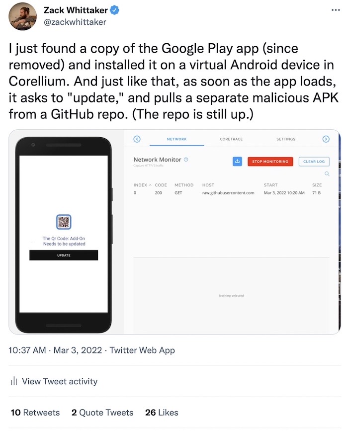 A screenshot of Corellium analyzing the network traffic of this malicious app, and finding it pulls in a malicious APK file from GitHub.