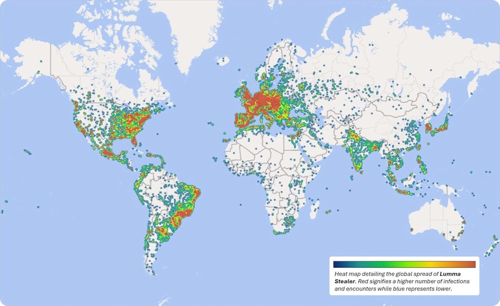 A heatmap of Lumma infections, with the most density around the U.S. east coast, Europe, and Brazil mostly.