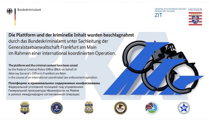 A screenshot of the Hydra marketplace after it was seized by German authorities. The website seizure notice is largely in German, but says in English, "the platform and the criminal content have been seized" by German federal police.