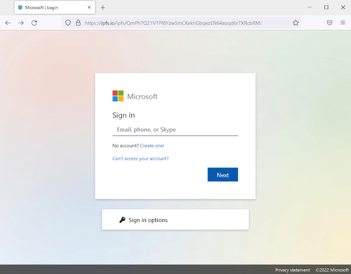 A phishing page that looks like Microsoft's login page but is hosted on IPFS.