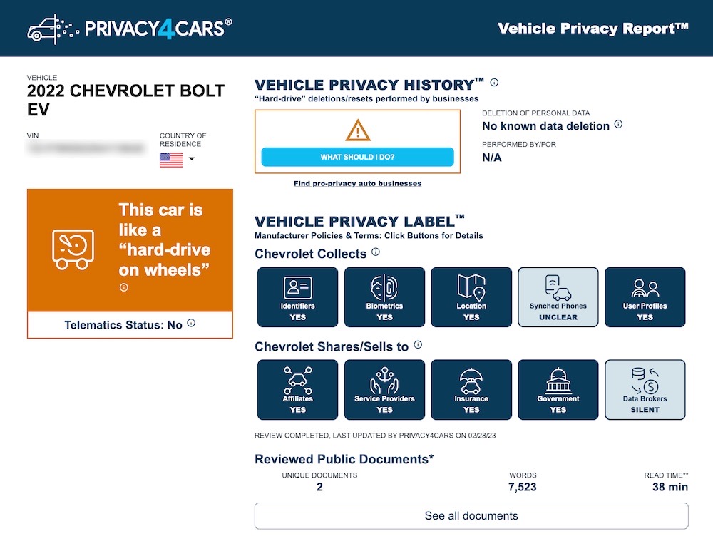 A screenshot of Privacy4Cars' vehicle privacy report that displays what data is collected by each car manufacturer and model.