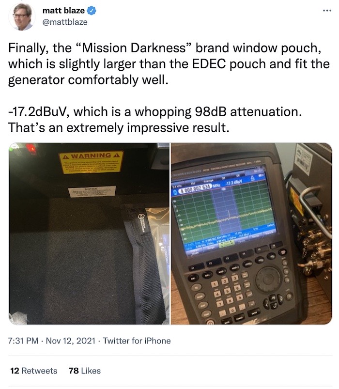 Matt Blaze tweet thread: "I redid my informal tests of various cellphone-sized Faraday pouches, to measure the amount of attenuation they actually provide. Tl;dr: the expensive commercial ones generally work well. Cheap makeshift ones generally don’t."