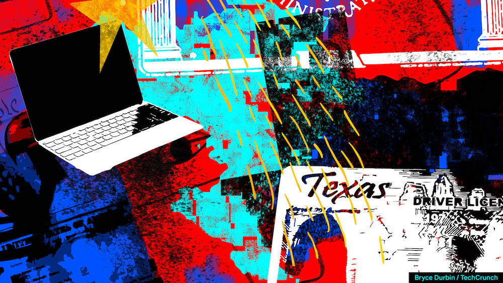 an illustration of a laptop computer and a Texas driver's license on a colorful blue, red, and teal background. Image credit: Bryce Durbin/TechCrunch