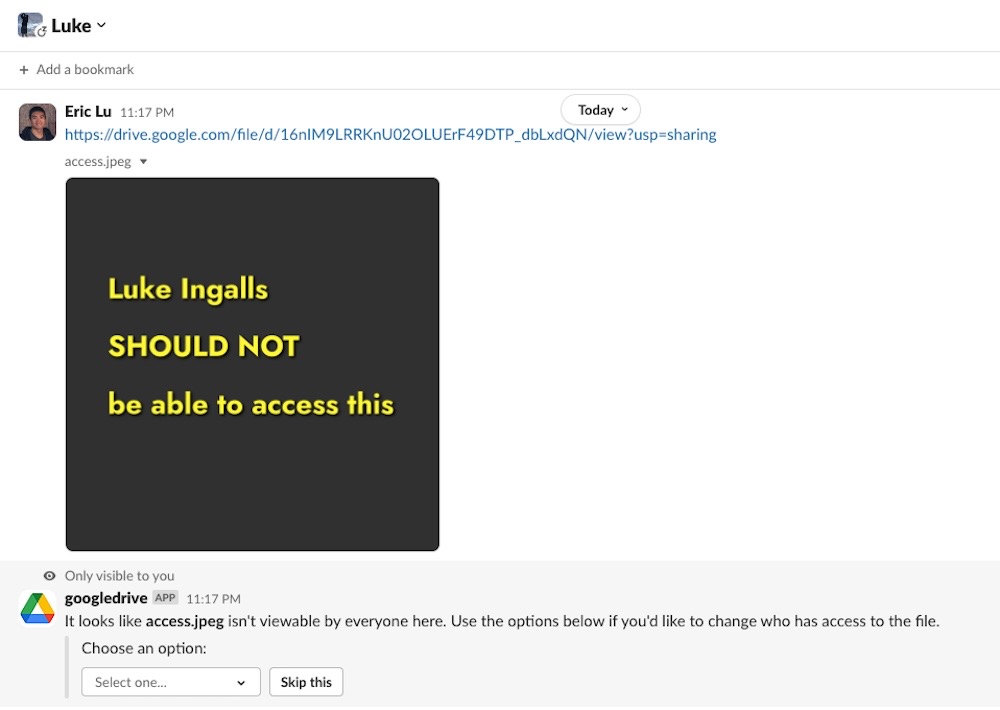 A screenshot of a Slack window showing a Google Docs URL that is locked down, but still shows a preview of the document.