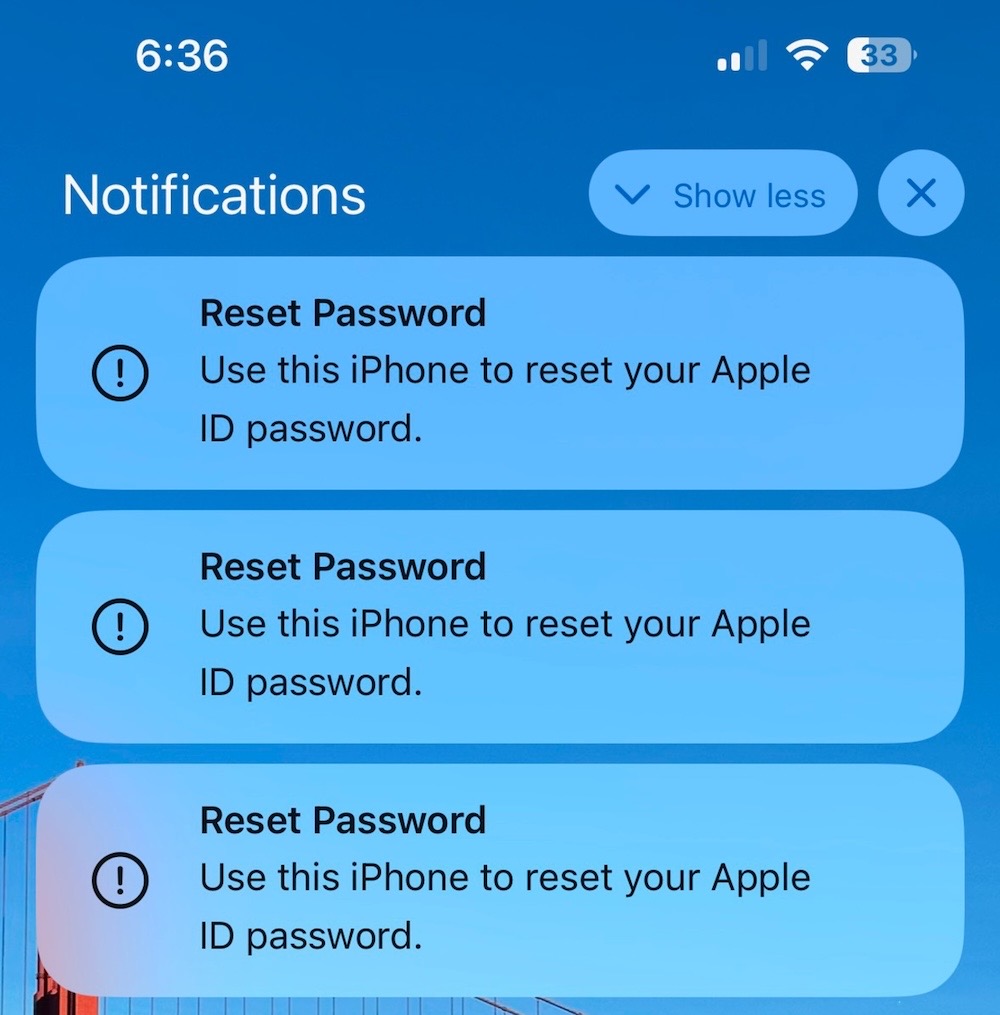 A screenshot showing an iPhone home screen with a stream of "reset password" prompts appearing.