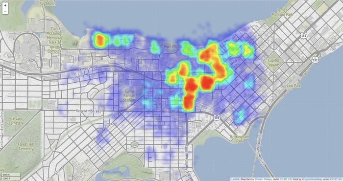 A heat map visualization of Yik Yak locations in Madison, Wisconsin collected over a short period of time.