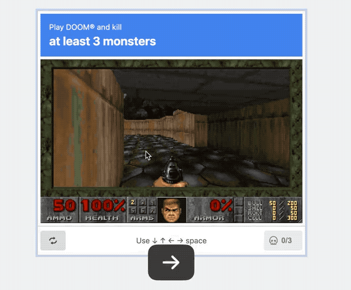 An animated GIF of a CAPTCHA window that reads: "Play DOOM and kill at least 3 monsters," followed by a virtual Doom game controlled by keyboard presses.