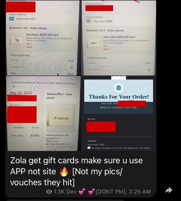 A screenshot showing a Telegram chat with several screenshots from a hacker draining funds from Zola accounts.