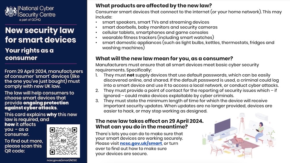 A PDF image of the National Cyber Security Centre's advice on the new IoT smart device security law.