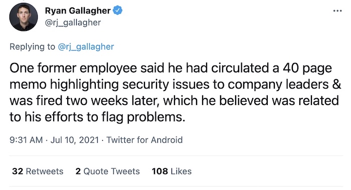 A tweet thread by Ryan Gallagher about former employees who complained of security issues prior to the ransomware attack this month.