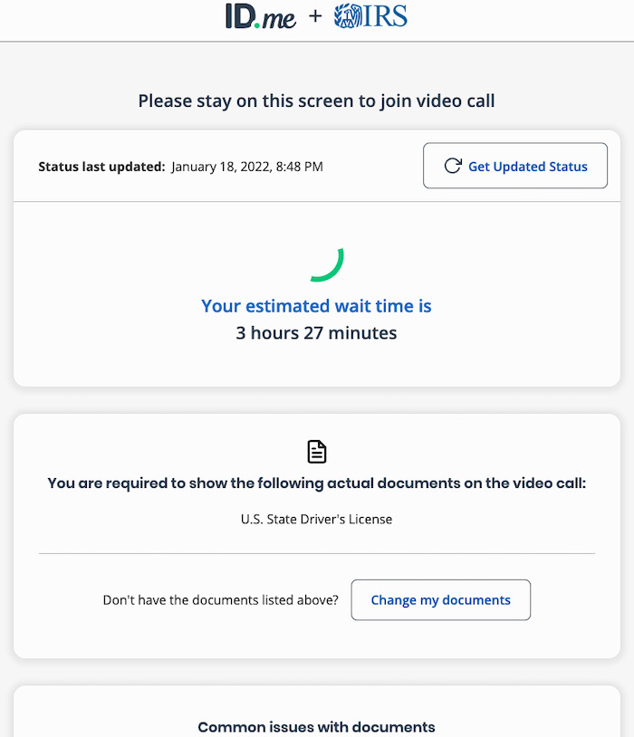 A screenshot of ID.me on the IRS's website, asking the user to join a video call to verify a person's U.S. state driver's license and other personal documentation.