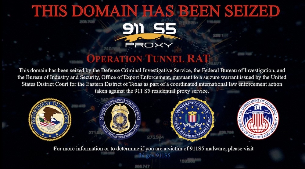 A domain seizure notice on 911 S5's website, which reads, "This Domain Has Been Seized" under Operation Tunnel Rat.