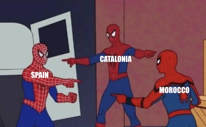A meme of three Spidermen pointing at each other, with each Spiderman having the labels of Spain, Catalonia, and Morocco.