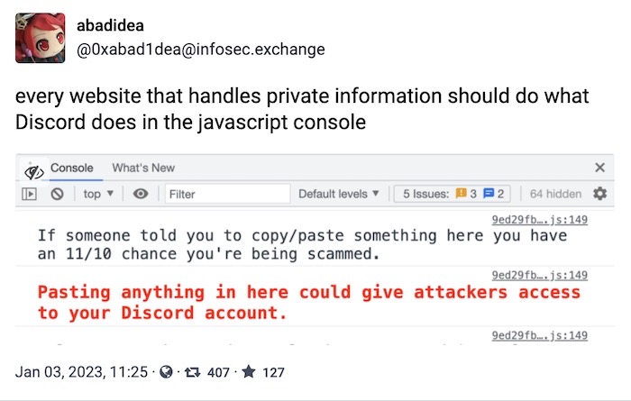 A screenshot of a Chrome browser console warning on Discord's website that displays the message "If someone told you to copy/paste something here you have an 11/10 chance you're being scammed."
