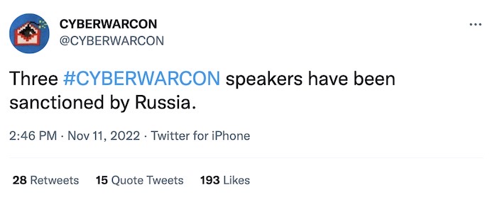 CYBERWARCON tweet: "Three #CYBERWARCON speakers have been sanctioned by Russia."