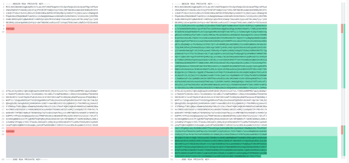 Image of a partially redacted PEM certificate key, which the researcher was able to recover.