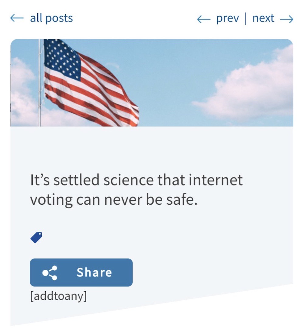 A screenshot of Voatz's website hacked to display, "It's settled science that internet voting can never be safe."