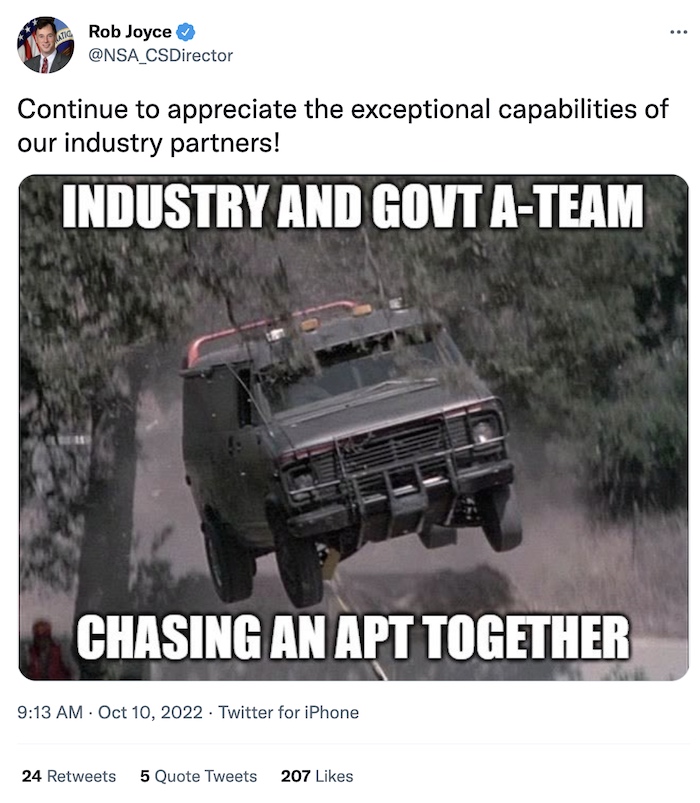 Rob Joyce tweet: "Continue to appreciate the exceptional capabilities of our industry partners!" with a photo of the A-Team truck with the caption: "Industry and government A-Team chasing an APT together."