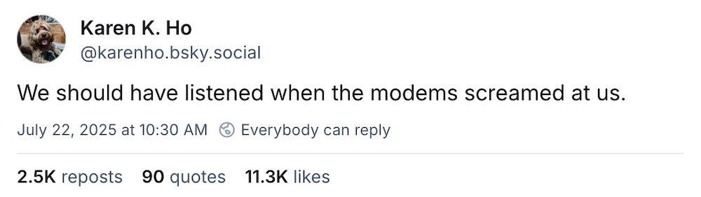 Karen K. Ho post on Bluesky: "We should have listened when the modems screamed at us."
