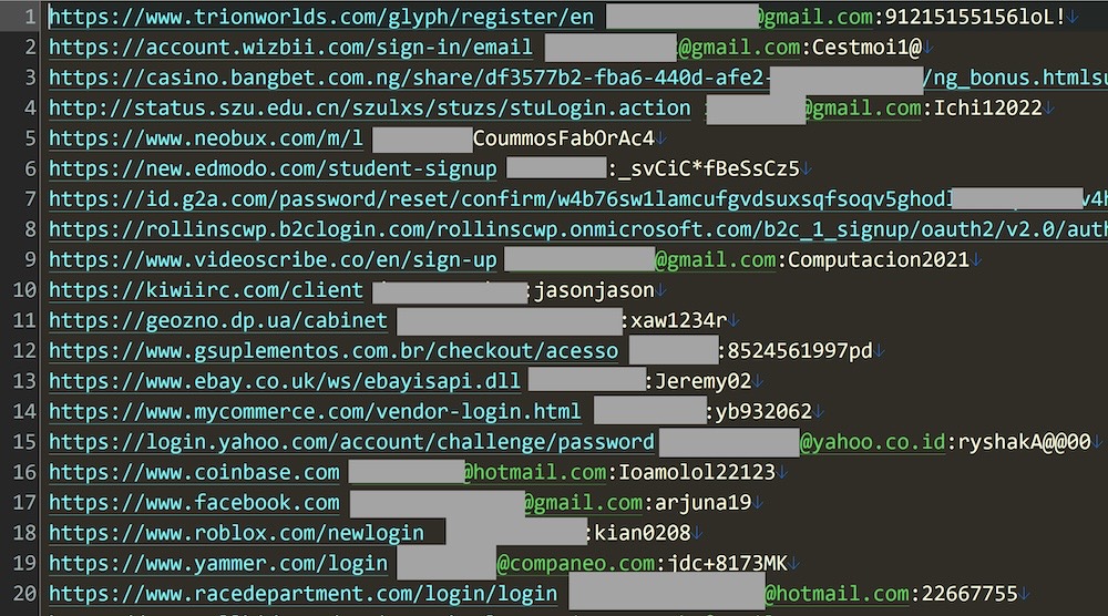 A screenshot showing a list of various websites with associated credentials (redacted) included in the password dump.