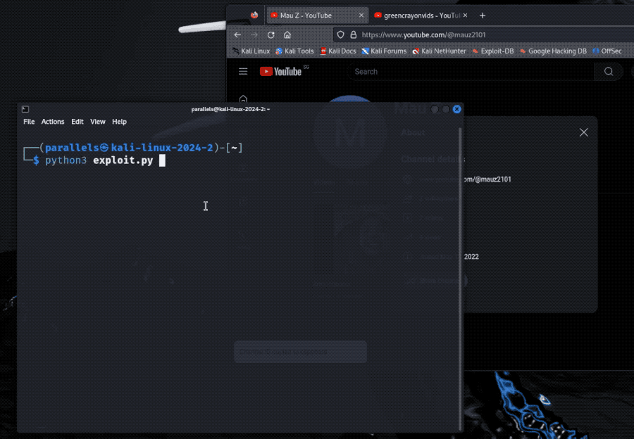 An animated GIF showing the copying of a public YouTube channel ID and pasting it into a terminal window, which after a brief moment returns the YouTube user's private email address.