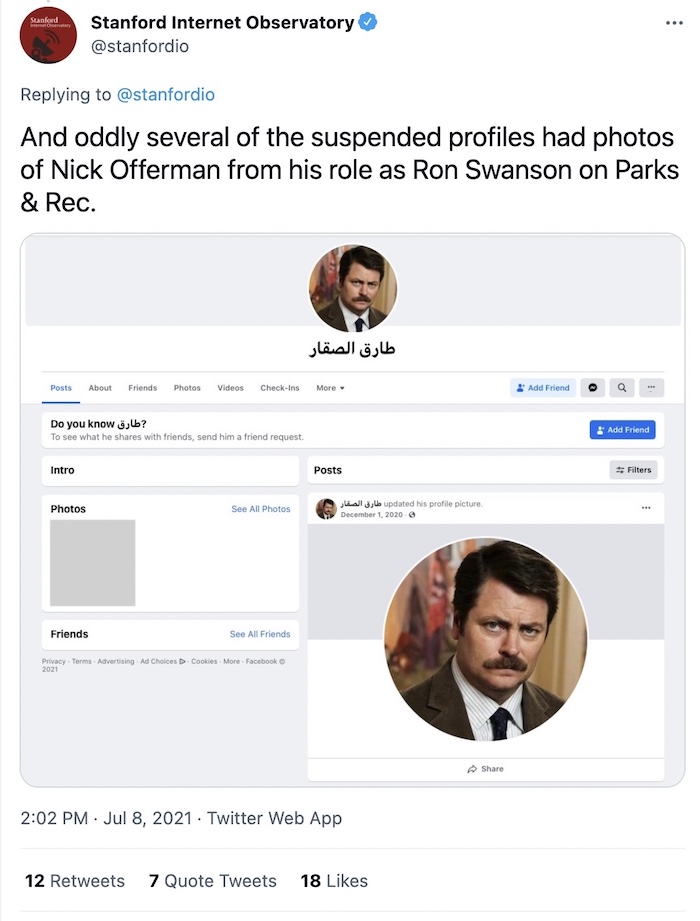 A screenshot of a Jordanian fake Facebook profile with Ron Swanson's photo as the profile photo.